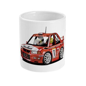 May include: White ceramic mug featuring a cartoon illustration of a red Mitsubishi Lancer Evolution rally car with the number "1" on the side and the word "Marlboro" on the side. The car is driving on a white background.