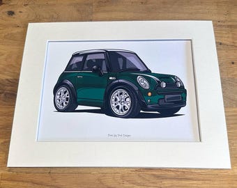 Mini Cooper S Cartoon Mounted Print - Pink Lily Pad Artwork - Ready to frame