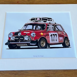 Classic Mini Cooper Cartoon Mounted Print - Pink Lily Pad Artwork - Ready to frame