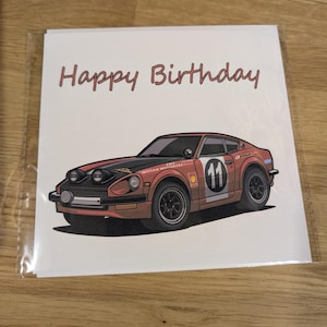 Cartão de feliz aniversário para carro de rally Datsun 240z