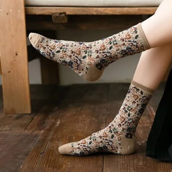Cotton Breathable Long Socks Floral Embroidery - Cottagecore Decor - Fairy Decor - Dark Academia Oddities - Cute Socks - Ruffle