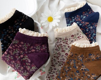 Lace Vintage Flower Floral Cotton Novelty Low Cut Socks, Crochet Ruffle Garden Socks, Oddities, Cottagecore, Victorian with ruffles