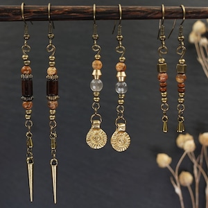 Ohrringe Holz Mondstein Jaspis Edelstein Holzperlen Naturschmuck Boho Bronze Ohrring Golden Steampunk  Ohrschmuck Hippie Ohranhänger