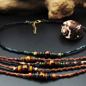 Choker Makramee Halsketten Tigerauge, Cyberpunk, Edelsteinkette, Makramee Halschmuck, Steampunk, Spiralkette, Enganliegende Kette