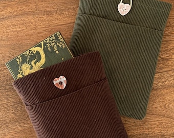 Corduroy Book Sleeve with Zipper Pocket and Button Closure | E-Reader, Kindle, IPad Cover