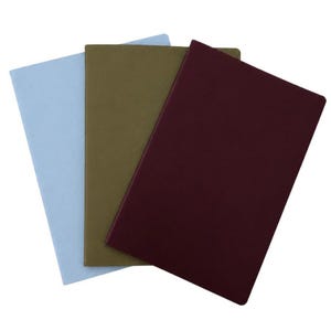 May include: Three rectangular notebooks with solid-colored covers. The notebook on the left is light blue, the middle notebook is olive green, and the notebook on the right is a deep burgundy red. Each notebook has a smooth, matte finish.