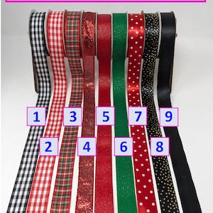 May include: A selection of ribbon spools in various colors and patterns. The image includes ribbons with gingham, plaid, glitter, polka dots, and solid colors. The text at the top reads "Choose your Ribbon color!" Each ribbon is numbered for easy selection.