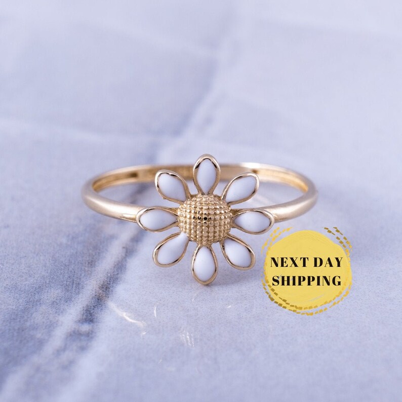 SHIPS NEXT DAY Minimalist Daisy Ring 14K Solid Gold Flower Ring Dainty Jewelry Gift for Her Yellow and White Gold Daisy Stacking Ring