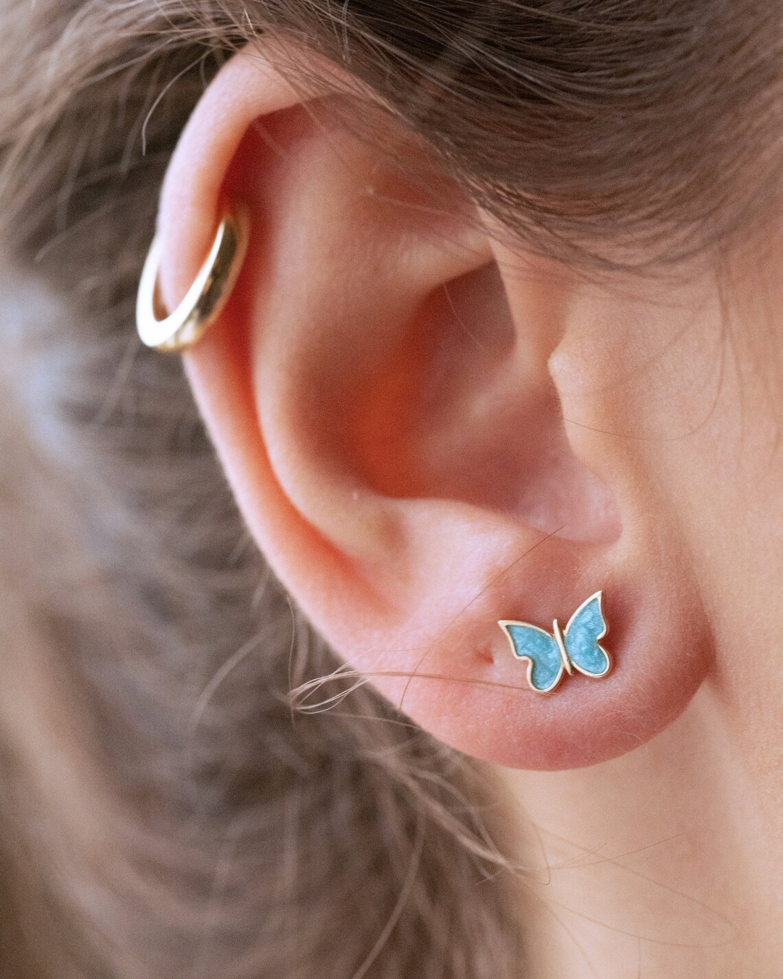 Blue Butterfly Stud Earrings Minimal Blue Enamel Butterfly Etsy