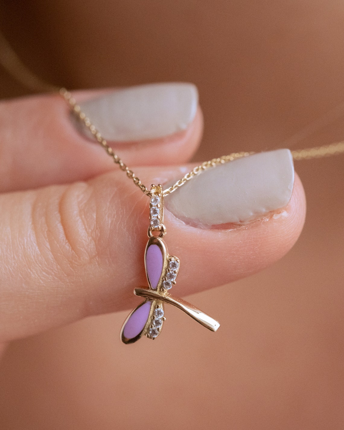 Dainty 14k Solid Gold Dragonfly Necklace Dragonfly Gold Etsy