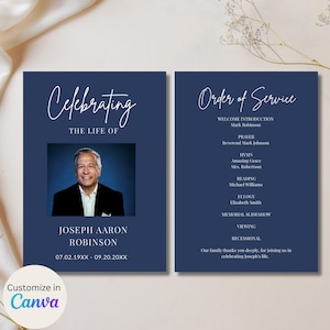 Simple Blue Funeral Program, Printable Minimalist Funeral Program Template, Order of Service, Funeral Service, Celebration of Life, 5X7 Card