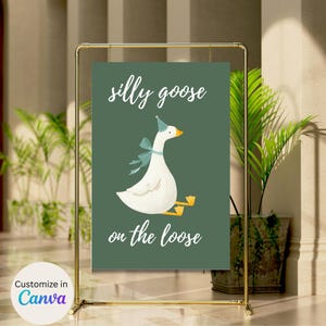 Silly Goose Wall Art, Sage Green Nursery Décor,  Farm Animal Printable, Pink Coquette Room Décor, Green Girl's Room Goose Print, Cute Poster