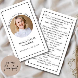 Memorial Prayer Cards Template, Minimal Funeral Prayer Card, Funeral Poem, Double Sided, Black And White, Obituary, Celebration Of Life