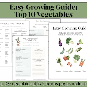 May include: A guide titled "Easy Growing Guide: Top 10 Vegetables" with illustrations of various vegetables. The guide includes a companion planting index and detailed information on growing tomatoes. The cover features illustrations of tomatoes, peppers, lettuce, cucumbers, and more.