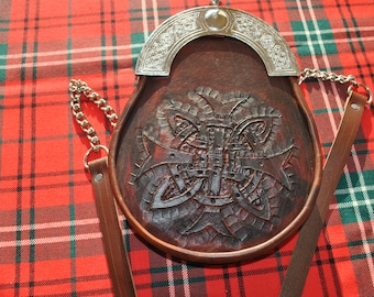 Brown Leather "CELTIC CROSS"  hand carved/sewn Dress sporran with chain/strap belt.