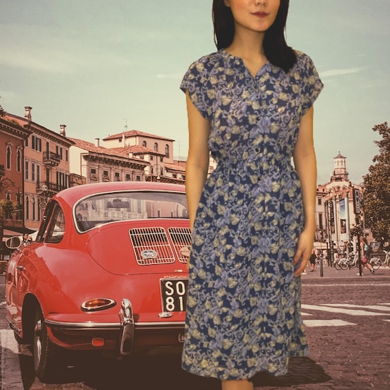 Vintage Dark Blue Floral Dress
