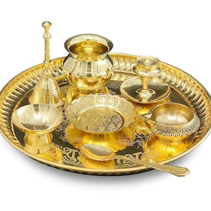 Brass Puja thali Set 8Inch/21cm with Pital Plate Dhup Dan Kalash Spoon Ghanti Bowl Kuber Diya Kangura Plate Pooja Thali for Diwali Home