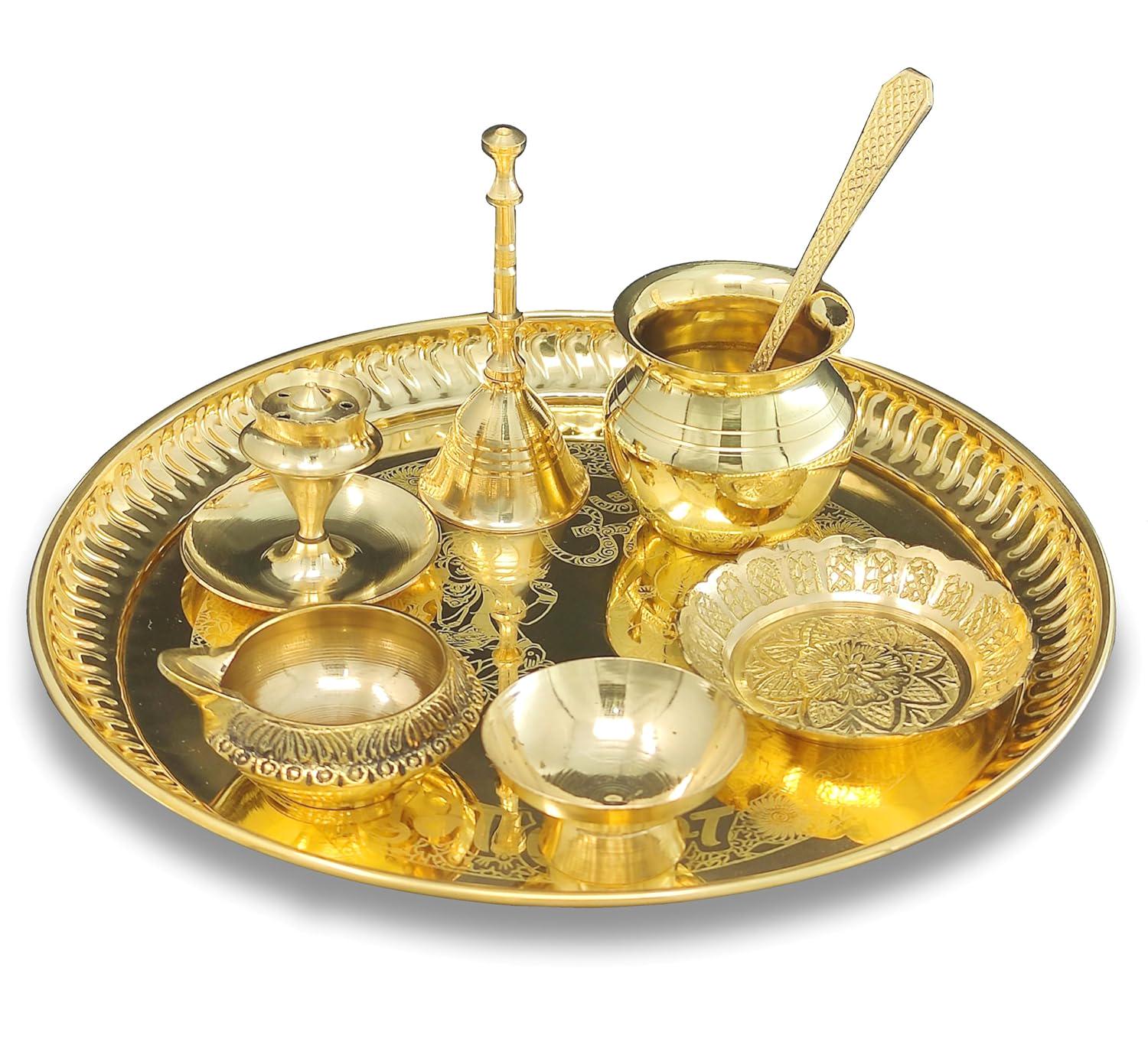 Brass Puja Thali Set 8inch 21cm With Pital Plate Dhup Dan Kalash Spoon 