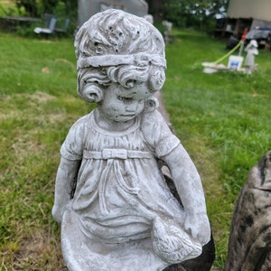 Concrete "Bashful Betty" Little Girl in a Sun Dress Garden Statue