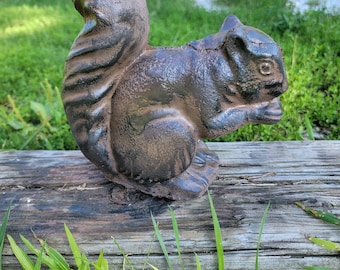 Painted Concrete Squirrel Eating a Nut Garden Statue