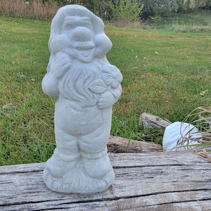 Happy Concrete Garden Gnome Holding Flower 9.5&quot; Tall Unpainted