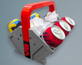 May include: A 3D printed gray and red can cooler with a handle. The cooler is filled with ice and cans of soda. The cooler has the text "VB" printed on the side.