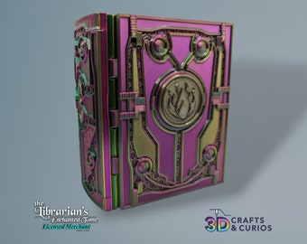 May include: A decorative book with a metallic, iridescent finish. The cover is a vibrant pink with intricate geometric and circular designs, and a central emblem. The book is labeled "the Librarian's Enchanted Tome" and "3D Crafts & Curios".