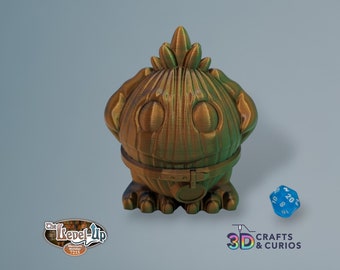 May include: A 3D printed, gold-colored, creature with a spiky head, large eyes, and a belt around its midsection. The creature is standing on a light gray surface. The text "The Level-Up Merchant Number 7215" is visible in the lower left corner of the image. A blue 20-sided die is visible in the lower right corner of the image. The text "3D Crafts & Curios" is visible in the lower right corner of the image.