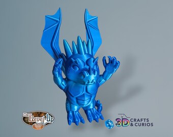 May include: A blue 3D printed miniature dragon figurine with wings, spikes, and claws. The dragon is posed in a defensive stance with its wings spread and claws extended. The figurine is made by The Level-Up Merchant Number 7215.