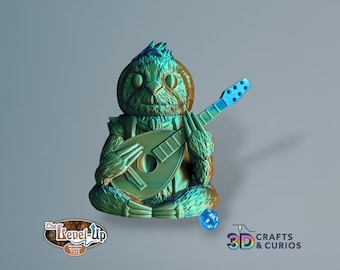 May include: A teal green 3D printed sloth playing a blue and green lute. The sloth is wearing a vest and has a bow tie. The sloth is sitting on a gray background. The Level-Up Merchant Number 7215 is visible in the lower left corner of the image. 3D Crafts & Curios is visible in the lower right corner of the image.