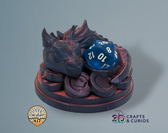 May include: A black and red 3D printed dragon figurine with a blue 20-sided die resting on its back. The dragon is curled up on a bed of coins. The figurine is a tabletop game accessory.