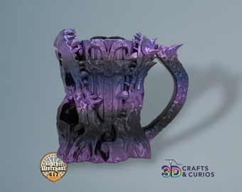 May include: A 3D printed mug with a skull and vines design. The mug is purple and black with a gradient effect. The mug is made by 3D Crafts & Curios.