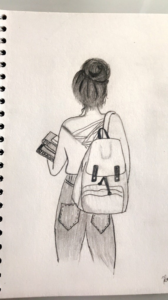 Girl With Backpack and Books Drawing 