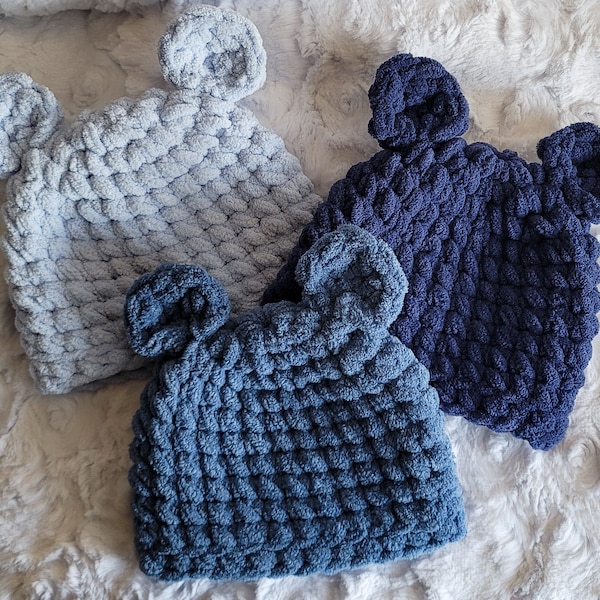 Blue Crochet Baby Hat With Ears, Soft Chunky Knit Hat, Knit Beanie, Crochet Bear Hat, Crochet Winter Hat, Newborn Photography Hat