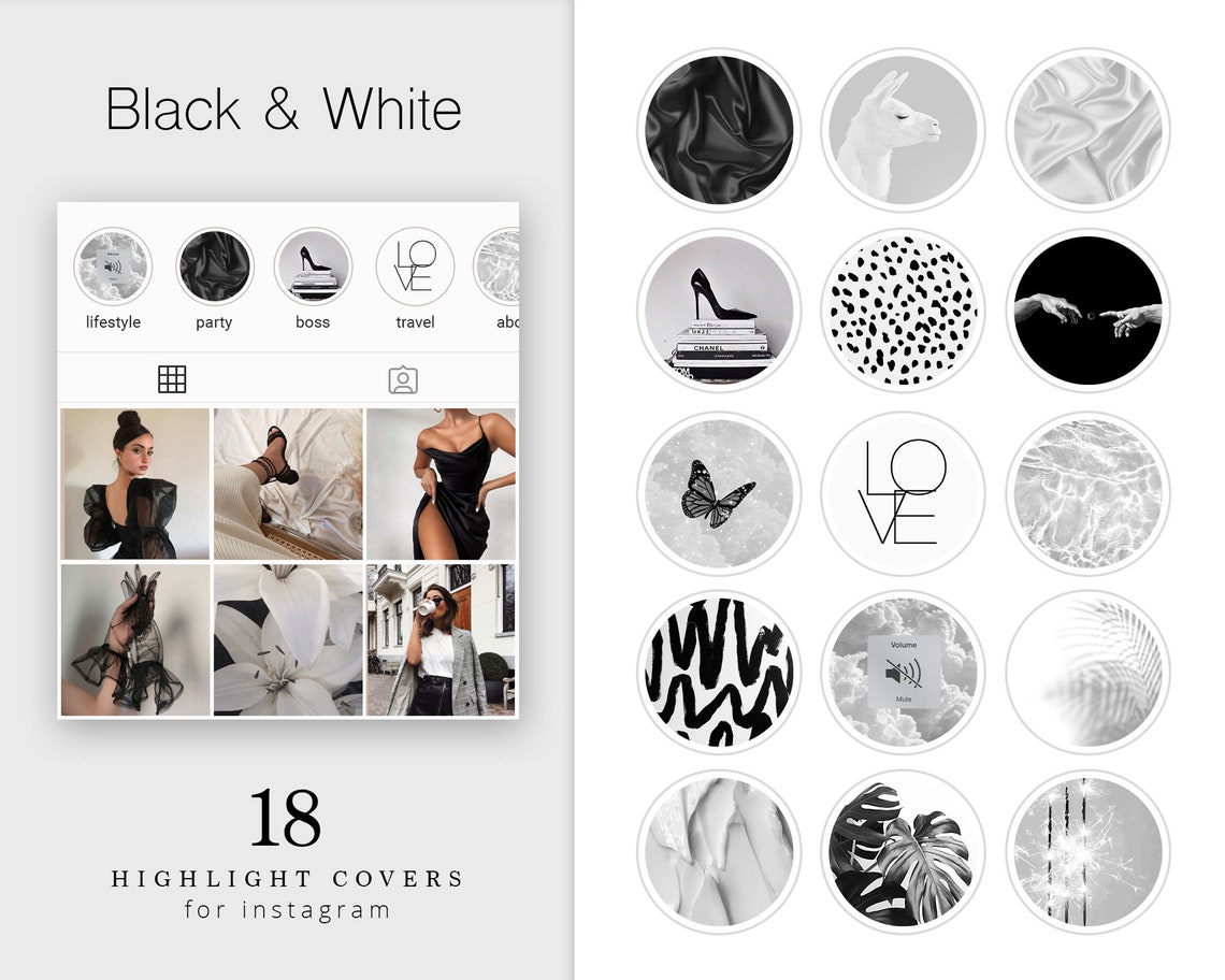 18 Gray Instagram Highlight Covers. Black and white story Etsy