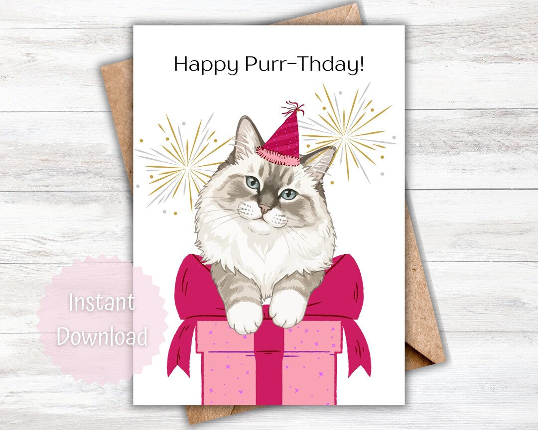 Cat Birthday Card, Cute Cat Card, Cat Gift, Printable Birthday Card ...