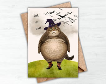 Whimsical Halloween Cat Card, Spooky Printable (5x7 Digital Download)