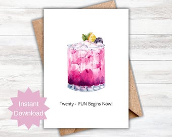 Tarjeta de cumpleaños número 21, cóctel de acuarela (descarga digital imprimible)