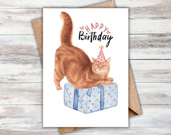 Funny Cat Birthday Card: Watercolor Present (Printable 5x7)