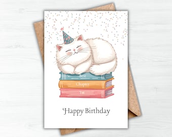 Karte für Buchleser Katzenliebhaber Geburtstagskarte, Katze Geburtstagskarte Printable 5x7