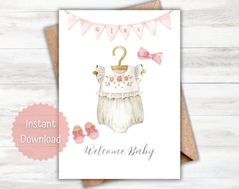 Tarjeta de bienvenida para niña, traje de acuarela (PDF imprimible)