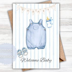 May include: A baby shower card illustration in watercolour, featuring a blue romper suit, baby shoes, a bottle, and a banner reading "OH BABY". The words "Welcome Baby" are written below the illustrations, with a blue and white striped background.