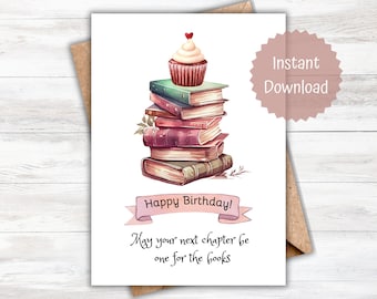 Book Lover Birthday Card Printable 5x7, Cute Birthday Card for Her, Book Reader Card