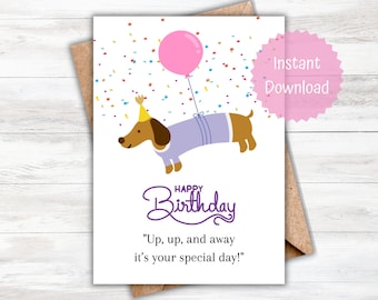 Dachshund Birthday Card for Girl, Printable 5x7 (Digital Download)