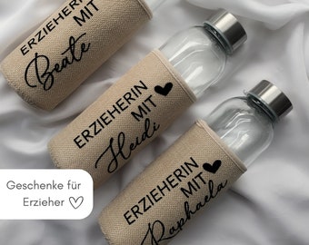 Trinkflasche personalisiert – Abschiedsgeschenk für Erzieherinnen | kleines Danke für den Alltag |Glasflasche Namen I Abschied Erzieherin