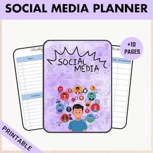 Puede incluir: Un planificador de redes sociales imprimible con una portada morada que presenta una ilustración de dibujos animados de una persona rodeada de iconos de redes sociales. El planificador incluye secciones para hashtags, categorías y contenido específico de la marca. La portada también incluye el texto "SOCIAL MEDIA" y "+10 PAGES".