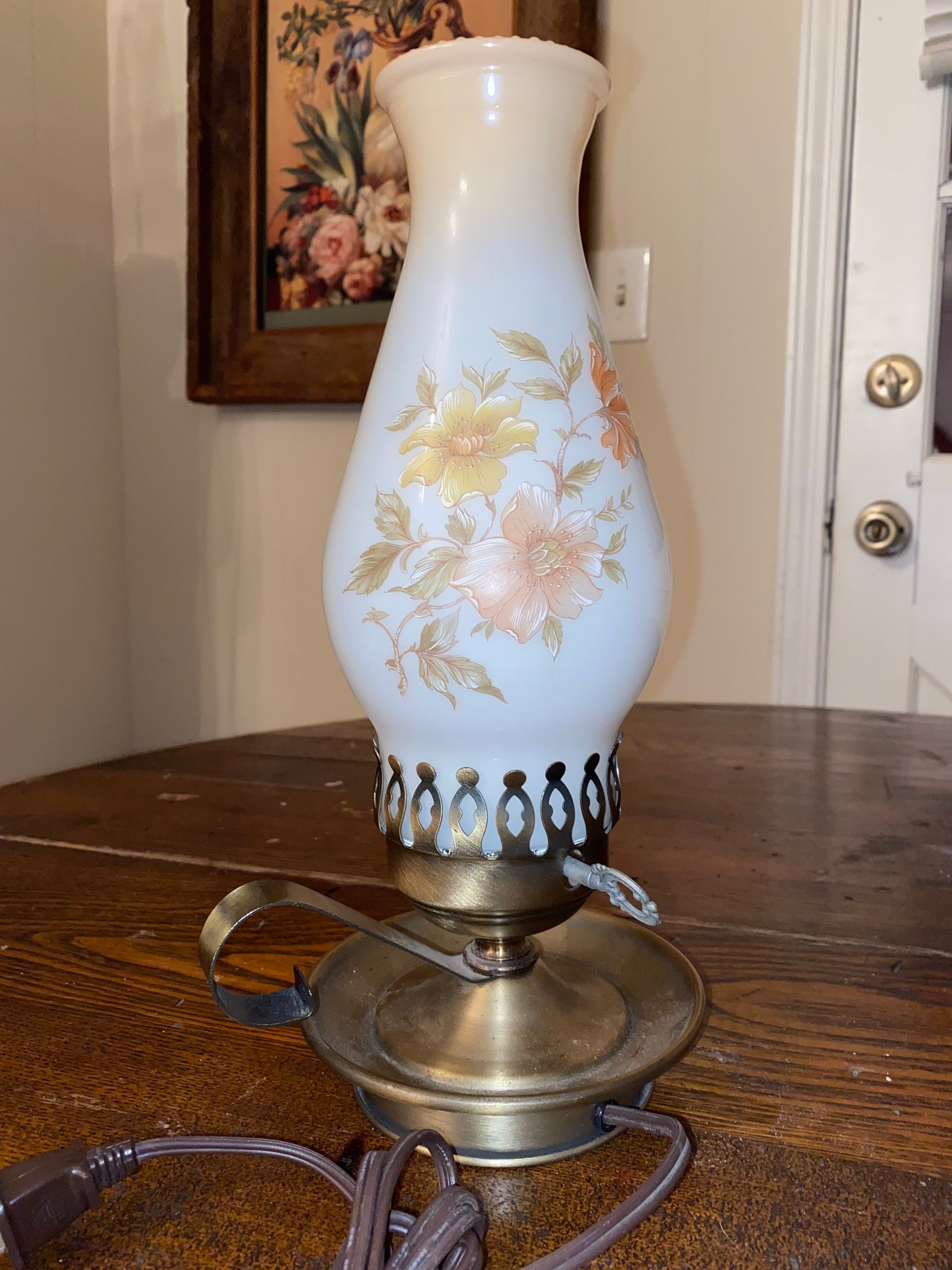 Vintage Candle Base Brass Lamp With Handpainted Globe Etsy