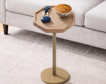 Octagon Mango Wood Side Table | Brass Inlay Accent Table, Modern Boho Home Decor