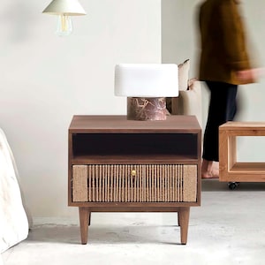 Mid-Century Nightstand – Solid Wood Bedside Table with Drawer – Handmade Mango Wood  Modern Nightstand with Jute Drawer, Open Shelf