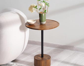 Elegante mesa auxiliar de madera maciza - Mesita de noche redonda color miel hecha a mano - Muebles de acento modernos y elegantes